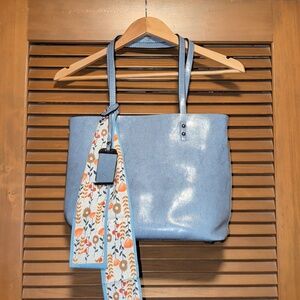 Light Blue Faux Leather Tote Bag with Floral Scarf